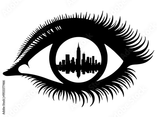 Ein großes Auge enthält eine reflektierte Stadtsilhouette in der Iris. Das Design hat eine moderne, konzeptuelle und urbane Aussage.KI Generiert