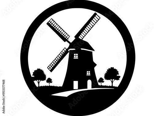 Eine traditionelle Windmühle steht in ländlicher Szenerie innerhalb eines runden Rahmens. Das Design wirkt nostalgisch und ruhig.KI Generiert