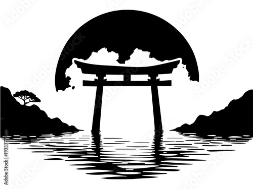 Ein traditionelles Torii-Tor steht ruhig im Wasser vor einem großen Kreis im Hintergrund. Das Design vermittelt Zen, Balance und Fernost-Ästhetik.KI Generiert