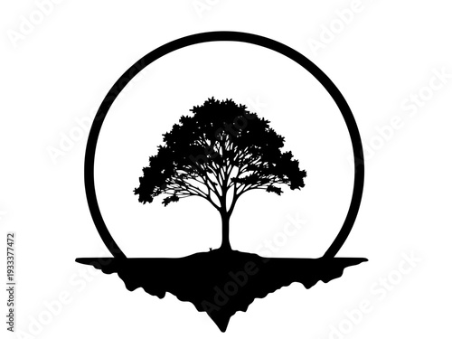 Ein einzelner Baum steht auf einer kleinen, isolierten Insel in einer runden Komposition. Das Design wirkt ruhig, symbolisch und leicht surreal.KI Generiert