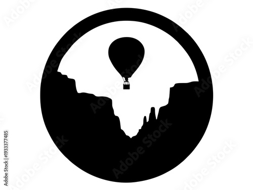 Ein Heißluftballon schwebt über einer tiefen Canyonlandschaft innerhalb eines runden Rahmens. Das Design vermittelt Freiheit, Abenteuer und Fernweh.KI Generiert