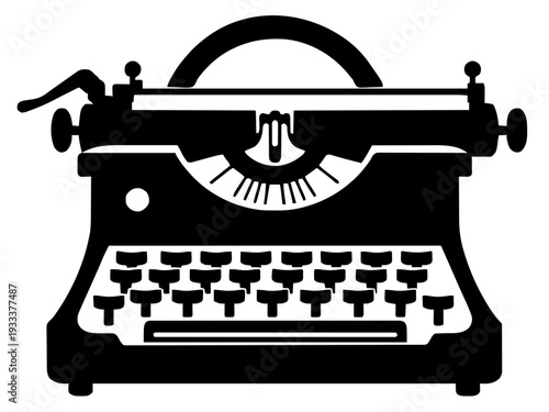 Eine frontal dargestellte Vintage-Schreibmaschine mit klarer, symmetrischer Form. Das Motiv strahlt Nostalgie und kreative Atmosphäre aus.KI Generiert