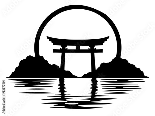 Ein traditionelles Torii-Tor steht ruhig im Wasser vor einem großen Kreis im Hintergrund. Das Design vermittelt Zen, Balance und Fernost-Ästhetik.KI Generiert