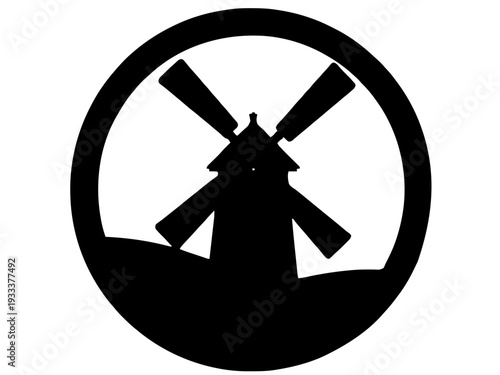 Eine traditionelle Windmühle steht in ländlicher Szenerie innerhalb eines runden Rahmens. Das Design wirkt nostalgisch und ruhig.KI Generiert