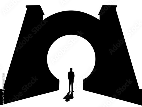 Eine einzelne Person steht vor einem massiven runden Portal. Das Design wirkt mystisch, monumental und leicht philosophisch.KI Generiert