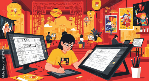 Young woman artist drawing on digital tablet screen.