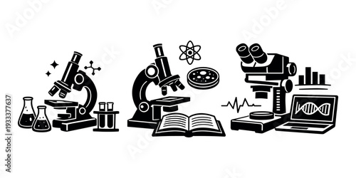 Laboratory equipment representing scientific research, education, and discovery with microscopes, flasks, test tubes, and data