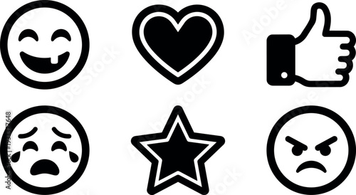 Flat icon set six social media emoticons smiling heart thumbs up crying star angry bold line style monochrome vector icons