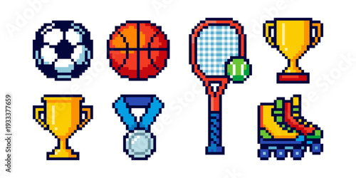 Pixel art collecting various sport equipment like a soccer ball, basketball, tennis racket, and victory trophies, medal, roller skate