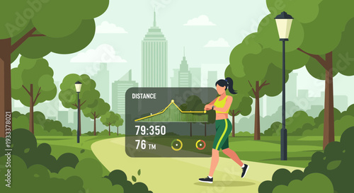 Woman running in park with fitness tracker data display.