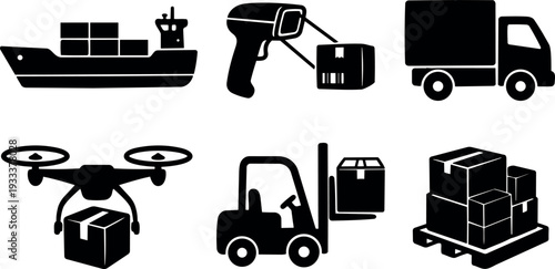 Flat vector logistics icon set showing container ship barcode scanner delivery truck drone forklift pallet in bold silhouette black isolated