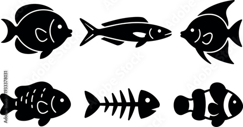 Flat vector silhouette set of six different fish icons side view including angelfish clownfish sardine and carp on white background