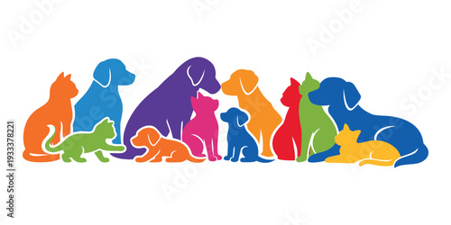 Group of vibrant animal silhouettes representing diverse pets, community, and animal welfare, suitable for vet clinics and shelters