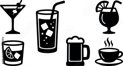 Flat design six drink icons cocktail martini highball tumbler whiskey glass beer mug tropical glass coffee cup with ice vector