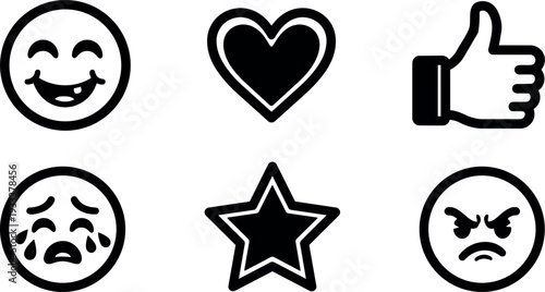 Flat design emoji icon set six bold outline symbols smiling crying heart star thumbs up angry isolated on white background