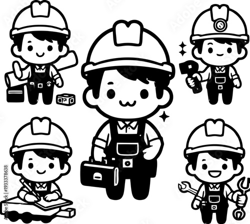 Collection of cute cartoon construction workers and repairmen wearing hard hats engaging in various manual labor and planning activities for building projects