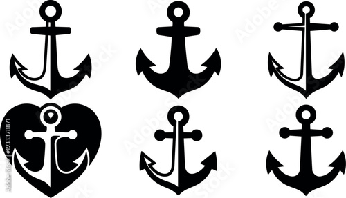Flat design anchor icon set showing six nautical silhouettes including heart anchor close up bold black symbols isolated white background