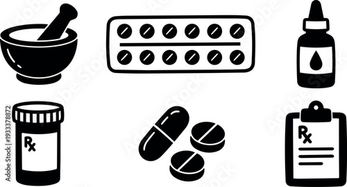 Flat design close up set of medical icons mortar pestle blister pack dropper bottle prescription bottle pills and clipboard rx