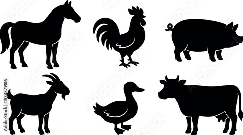 Minimalist vector farm animal silhouettes horse cow pig goat duck rooster arranged on white background side view set collection black