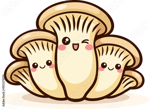kawaii pleurotus mushrooms. The mushrooms have adorable faces, with one winking and the others smiling, bringing a playful and joyful vibe.