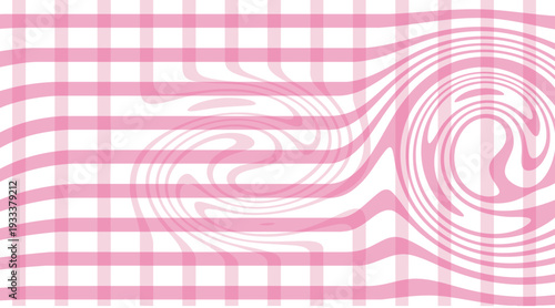 Abstract swirling patterns on a pink and white grid background Vector illustration