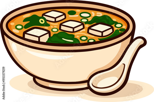 A bowl of miso soup with tofu, spinach, and green onions floating in a flavorful miso broth. The soup is served in a light-colored, round bowl with a spoon beside it. 