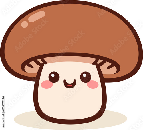 a brown button mushroom with a smiling face and rosy cheeks. The mushroom has a shiny cap and a simple, cartoonish design, making it look adorable and friendly. 
