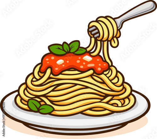 A delicious plate of spaghetti topped with a rich tomato sauce and fresh basil leaves. The pasta is twirling around a fork, and the vibrant red sauce creates a mouthwatering contrast with the golden