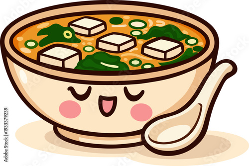 kawaii bowl of miso soup. The soup is rich in vibrant orange and green hues, with cubes of tofu and spinach floating in the savory broth.