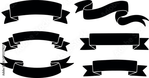 Flat design set of six ribbon banners black vector silhouettes showing curved folded tails varied angles for label elements decor