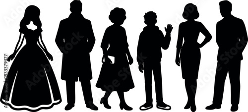Silhouette vector six figures standing includes woman in gown man in coat waving boy older woman with hand on hip