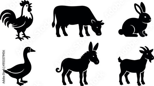 Flat design silhouette collection of farm animals rooster cow rabbit goose donkey goat arranged on white background simple bold icons
