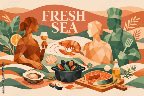 Abstract culinary scene with diverse chefs and seafood delights