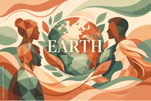 Diverse humans surrounding earth with natural elements and geometric patterns