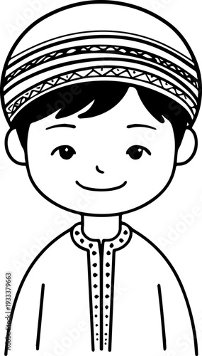 Smiling boy wearing traditional Muslim cap and kurta