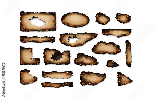 Collection of burnt paper pieces with charred edges on white background