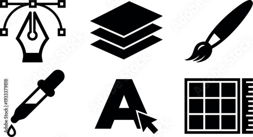 Flat design desktop icon set pen tool layers paint brush eyedropper text cursor grid layout tools for designers vector collection
