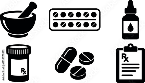 Flat design vector medicine icon set showing mortar and pestle blister pack dropper bottle prescription bottle pills prescription pad clipboard