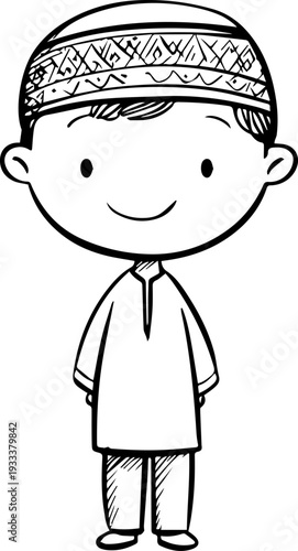 Smiling boy wearing traditional Muslim cap and kurta