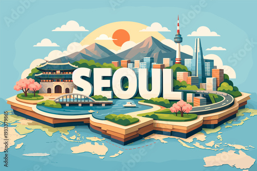 Seoul landmarks and skyline illustration with mountains and river