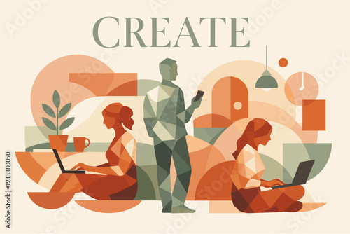 Creative workspace with diverse people engaged in technology and art