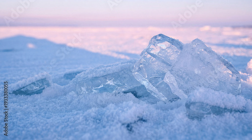 Ice blocks resting on snow-covered ground during winter sunset  