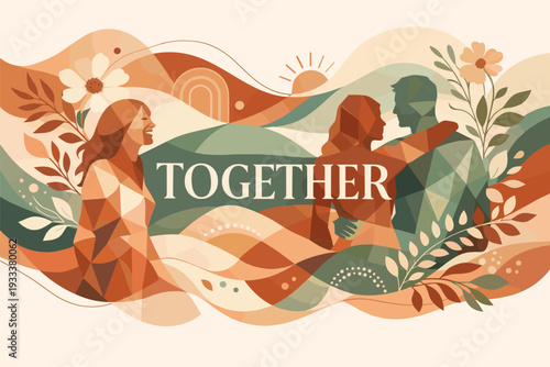 Abstract art of togetherness with couples and flowers in warm earth tones