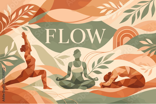 Abstract yoga art with diverse women in flowing poses and nature elements