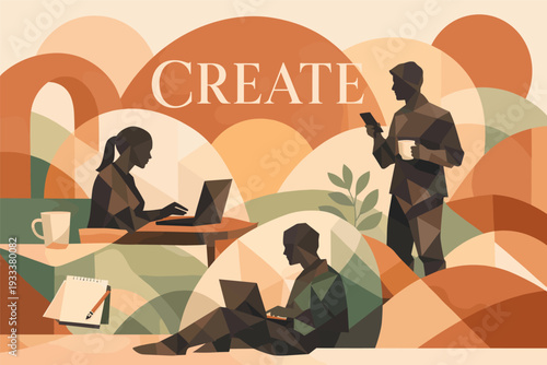 Abstract office scene with diverse figures engaged in creative work