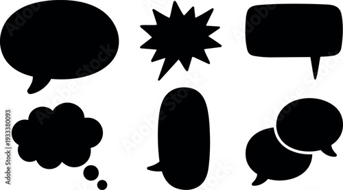 Flat design simple black speech bubble silhouettes six shapes including thought cloud burst oval rectangle and overlapping chat icons set