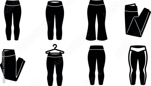 Flat design front and folded leggings icon set showing various pant styles hanging on hanger and folded in black silhouette