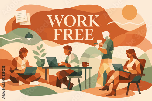 Abstract art of diverse people working and relaxing in creative workspace