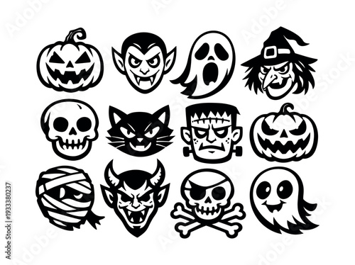 Isolated set of Halloween monster character icons, ideal for celebrating the holiday, showing spooky creatures for trick-or-treating