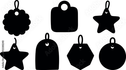 Flat design tag silhouette set of seven hanging gift tags in varied shapes close up on white background minimalist editable